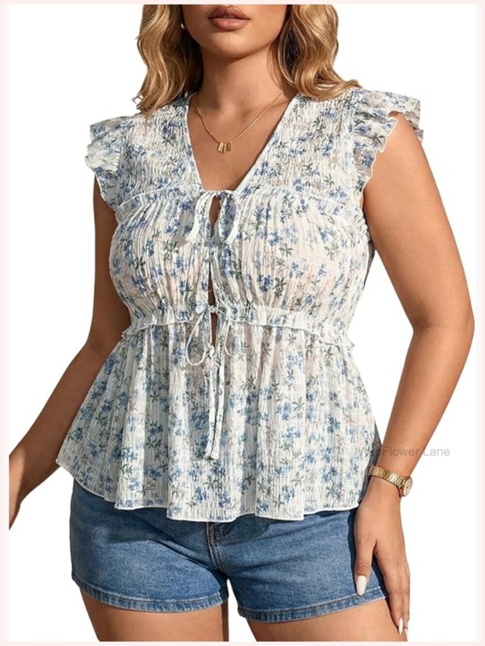 Plus Size Boho Floral Peplum Top Tie Front Ruffle Sleeve Blouse